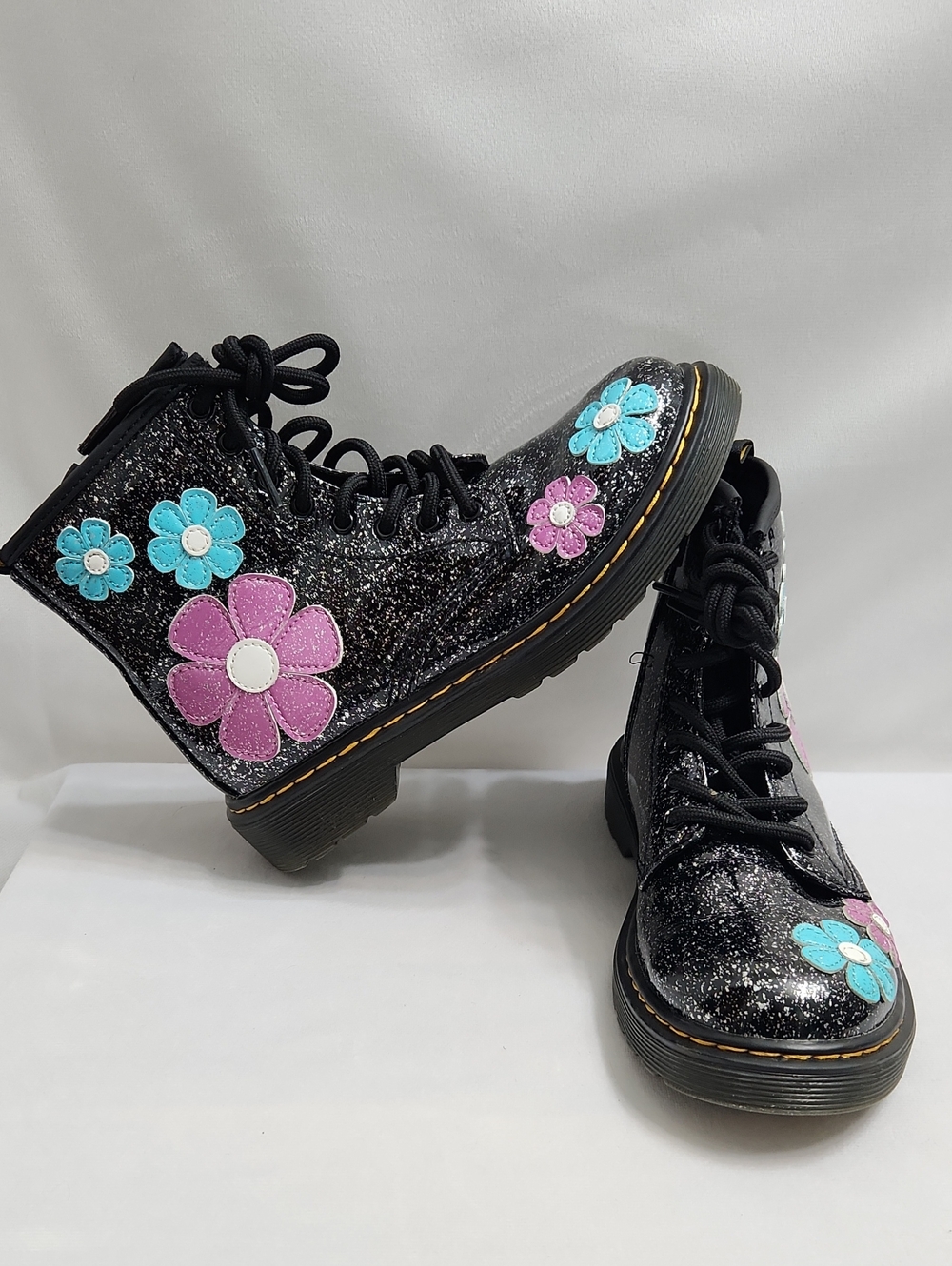Dr. Martens 1460 J Black Glitter Lace-Up Flower Appliqués Boots (Size 2)